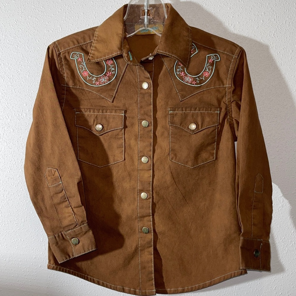 Wrangler Girls Brown Horseshoe Rodeo Western Button Up Shirt Cowgirl XXS